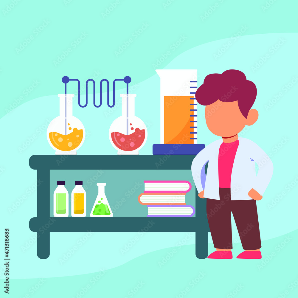 Little boy doing experiment to two glass of chemistry in laboratory. Science and education. science is fun. Vector colorful illustration flat. Little boy doing experiment to two glass of chemistry in laboratory. Science and education. science is fun. Vector colorful illustration flat.