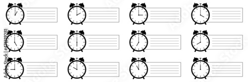 set of alarm clock icon notifying each hour with short note isolated on white,vector illustration