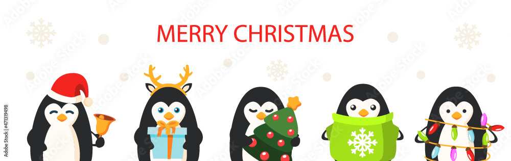 Obraz premium Merry Christmas banner with different funny penguins, vector illustration. 