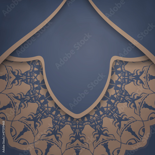 Greeting Flyer template in blue color with luxurious brown pattern prepared for printing.