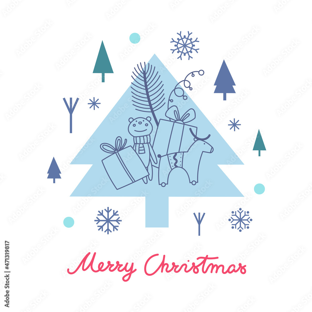 Christmas vector illustration. Christmas tree with toys and gifts on a background of snowflakes and small fir trees. Suitable for cards,  invitations, greetings and other