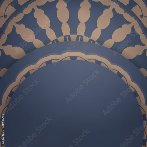 Leaflet in blue color with abstract brown ornament is prepared for printing.