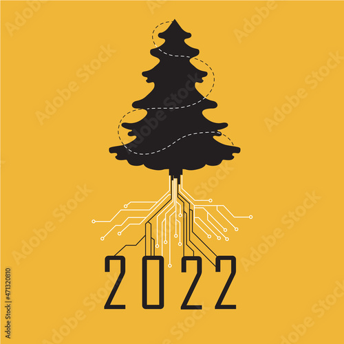 Digital New Year 2022, Christmas tree with roots from computer board on yellow background, vector illustration. Concept for card, banner, mail, for the IT sphere, holiday for web developers