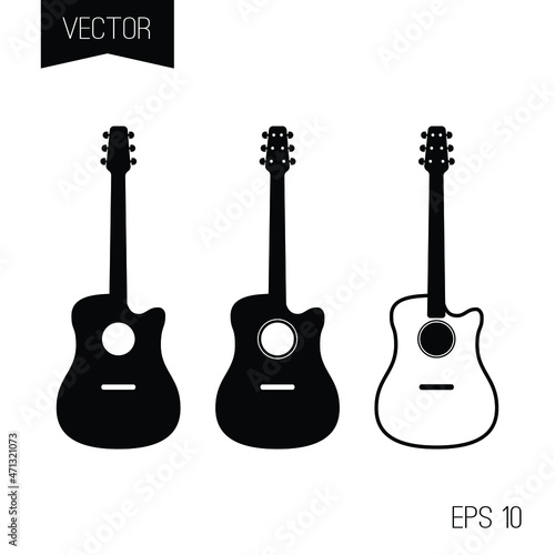 Set of black vector icons, logo or tiny tattoo. Street gangsta and romantic style. Sketch acoustic guitar.