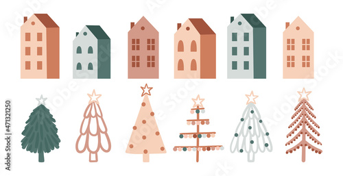 Boho Christmas trees and houses hand drawn in Scandinavian style vector illustration.