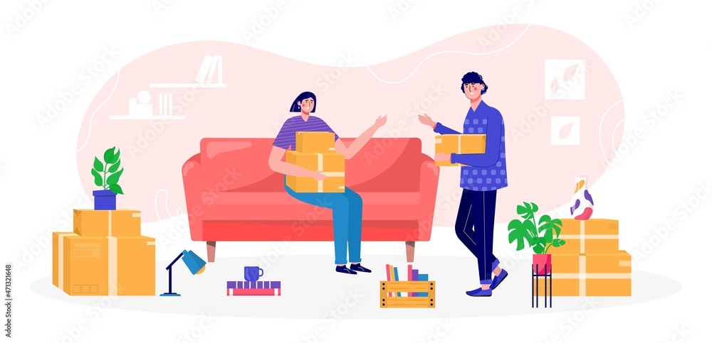Young couple moves new home, house. People moving and collect supplies in boxes. Man and woman cartoon characters packing belongings. Vector unpacking concept, delivery, relocation, move box