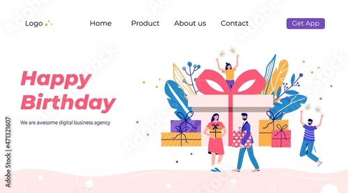 Happy birthday landing page template. Promotion of online shop bonus or reward. Modern flat vector illustration for advertisement. Seasonal discount website sale banner with people