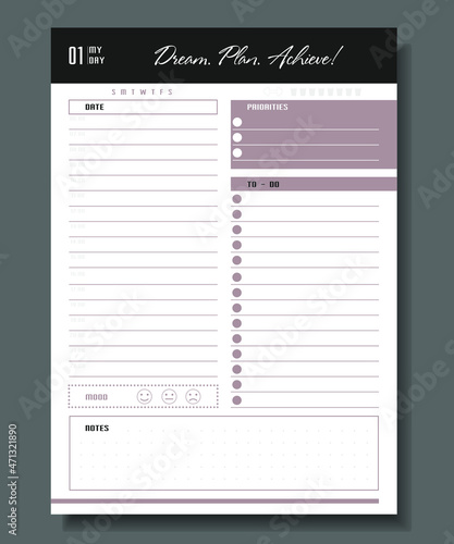 Daily planner template. Blank notebook page isolated on grey. Business organizer page. Paper sheet.