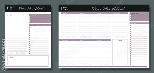 Set of planners. Daily and weekly planner template. Blank notebook page isolated on grey. Business organizer page. Paper sheet.