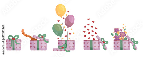 gift box vector sat with balloon, flowers, cat, hearts ornament suitable for birthday parties, valentine's day, surprise gift boxes
