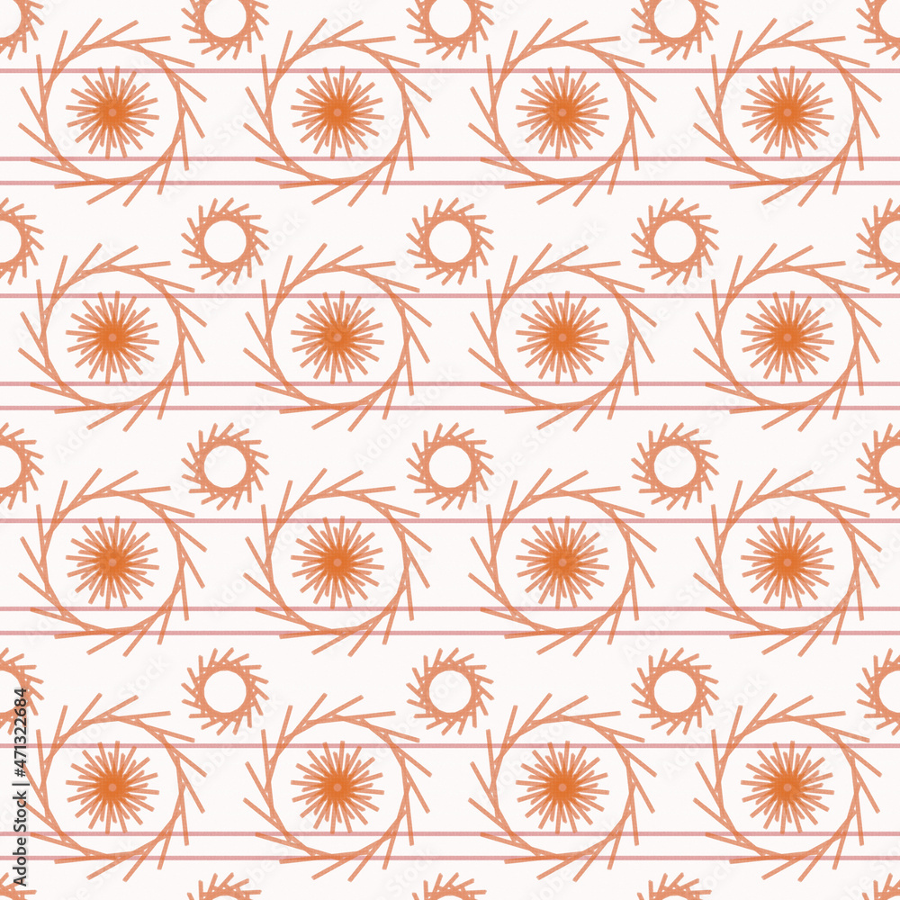 Seamless geometric pattern of mandalas, circles. An orange ornament on a white background, hand-drawn. Retro style. Design of the background, interior, wallpaper, textiles, fabric, packaging. Seamless geometric pattern of mandalas, circles. An orange ornament on a white background, hand-drawn. Retro style. Design of the background, interior, wallpaper, textiles, fabric, packaging.
