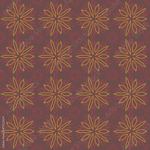 Seamless geometric pattern of mandalas, circles. Beautiful yellow ornament on a red background, hand-drawn. Retro style. Design of the background, interior, wallpaper, textiles, fabric, packaging.