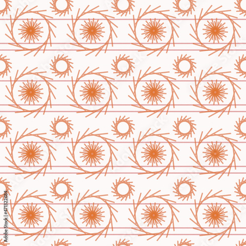Seamless geometric pattern of mandalas, circles. An orange ornament on a white background, hand-drawn. Retro style. Design of the background, interior, wallpaper, textiles, fabric, packaging.