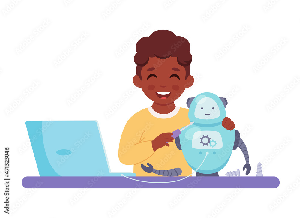 Little black boy creating a robot. Robotics, programming and engineering for kids. Vector illustration Little black boy creating a robot. Robotics, programming and engineering for kids. Vector illustration