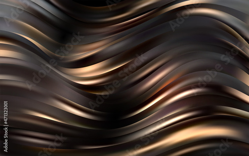 Abstract Waves. Shiny gold moving lines design element on dark background for greeting card and disqount voucher.