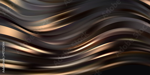 Abstract Waves. Shiny gold moving lines design element on dark background for greeting card and disqount voucher.