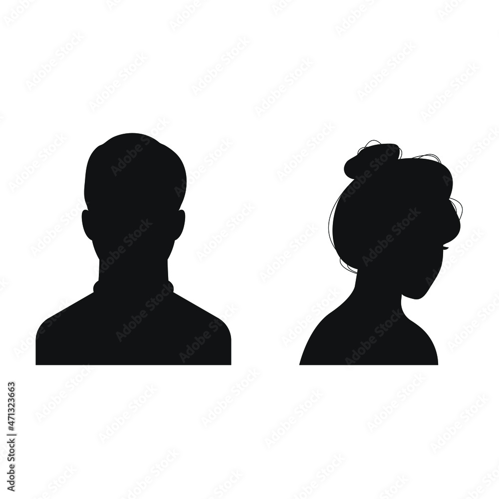 Black silhouette of a woman and a man. Head, neck, shoulders. Full face and profile. Vector illustration, flat minimal design, isolated on white background, eps 10. Black silhouette of a woman and a man. Head, neck, shoulders. Full face and profile. Vector illustration, flat minimal design, isolated on white background, eps 10.