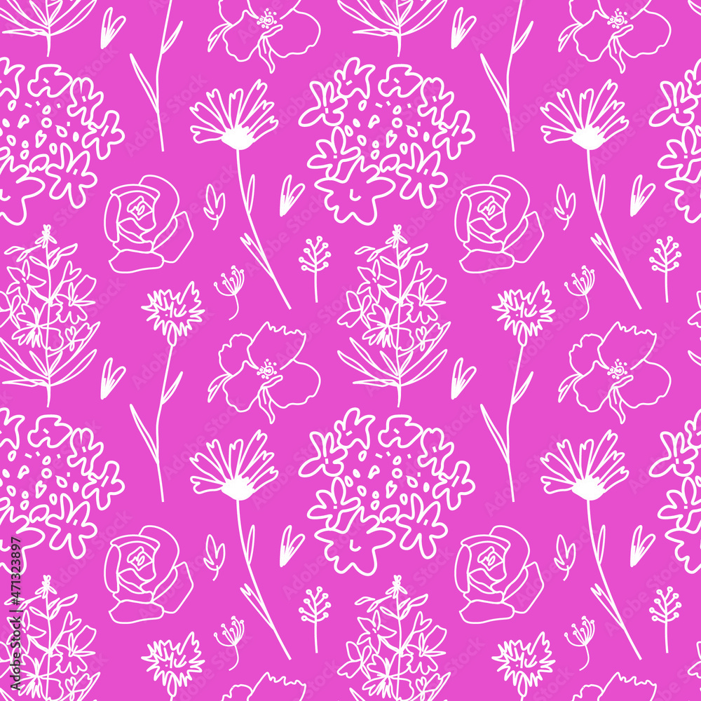 Vector seamless pattern with white flowers on Pacific Pink.Simple,floral,minimalist,festive print doodle style.Designs for prints,stickers,social media,printing,invitations,textiles,wrapping paper. Vector seamless pattern with white flowers on Pacific Pink.Simple,floral,minimalist,festive print doodle style.Designs for prints,stickers,social media,printing,invitations,textiles,wrapping paper.