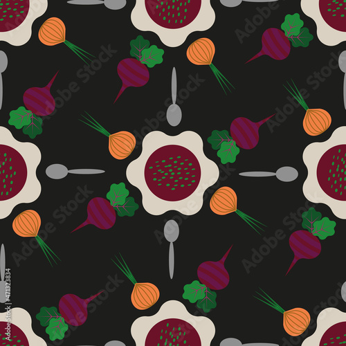 Vector black abstract geometric borscht Eastern European food seamless pattern. Playful, bold and funny. Perfect for fabric, wallpaper, scrapbooking and stationery. Surface pattern design.
