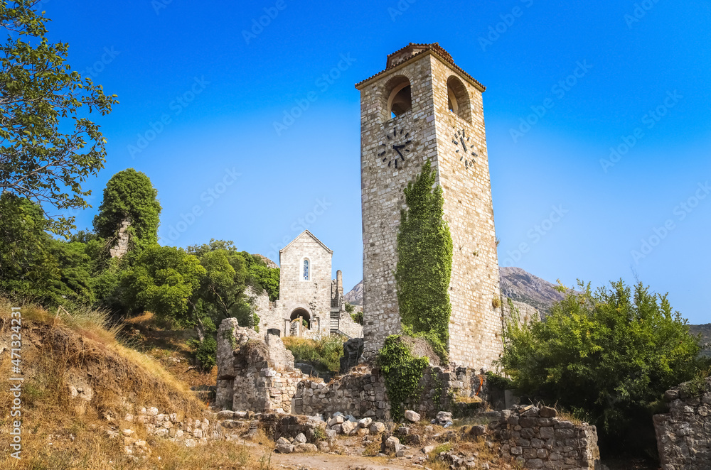 Ancient medieval tower and ruins in the old town of Bar, Montenegro, Balkans