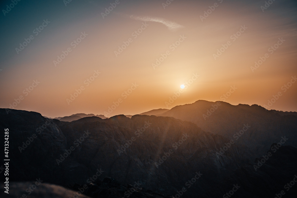 Panorama of Mount Sinai in Egypt. Dawn of the holy summit