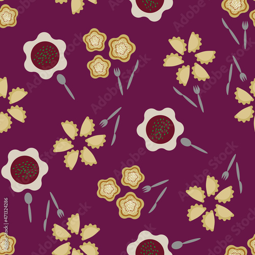 Vector purple abstract Eastern European food flowers seamless pattern. Playful, bold and funny. Perfect for fabric, wallpaper, scrapbooking and stationery. Surface pattern design.