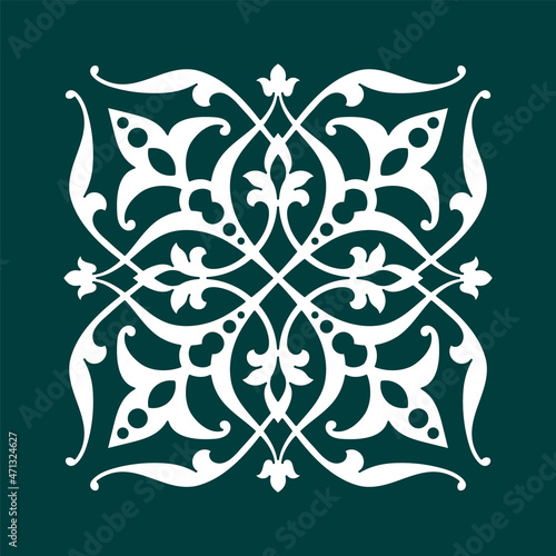 Pattern with interlaced curve stripes, stylized flowers and scrolls. Eight pointed circular abstract Mandala. Round vector ornament in Arabesque style. photo