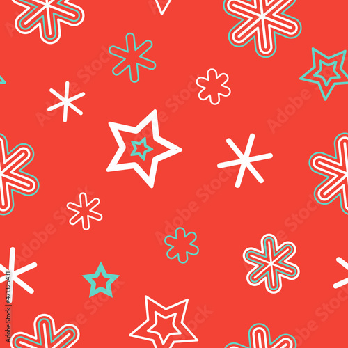 Vector winter pattern with snowflakes and stars on a red isolated background. Geometric seamless pattern, wallpaper. Design for festive packaging, textiles.
