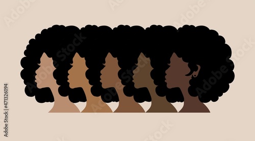 Black Afro African American girl woman lady vector profile portrait head face silhouette with natural waves hair puff hairstyle,different tones colors of skin.Race diversity concept.Beauty salon art.