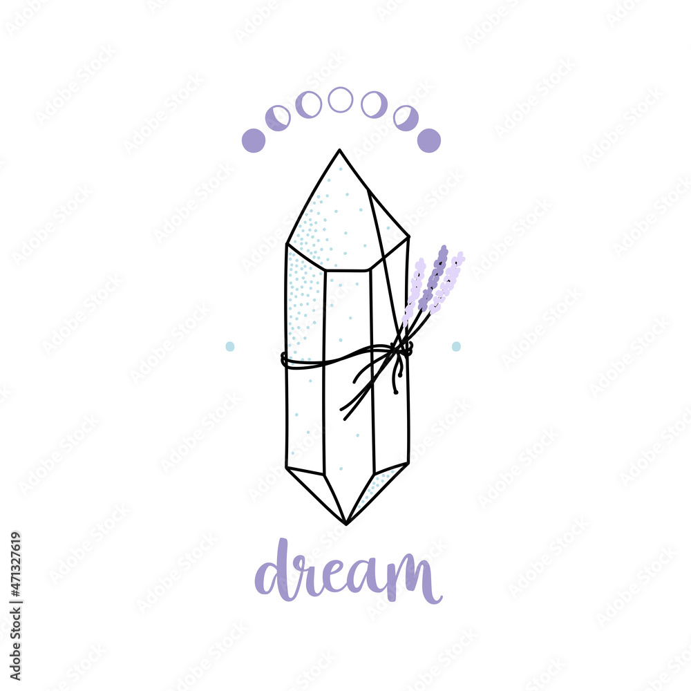 Magical crystal with attached lavender, decorated with moon phases, with brush calligraphy - dream. Doodle hand drawn illustration with texture. Vector isolated on white background. Magical crystal with attached lavender, decorated with moon phases, with brush calligraphy - dream. Doodle hand drawn illustration with texture. Vector isolated on white background.