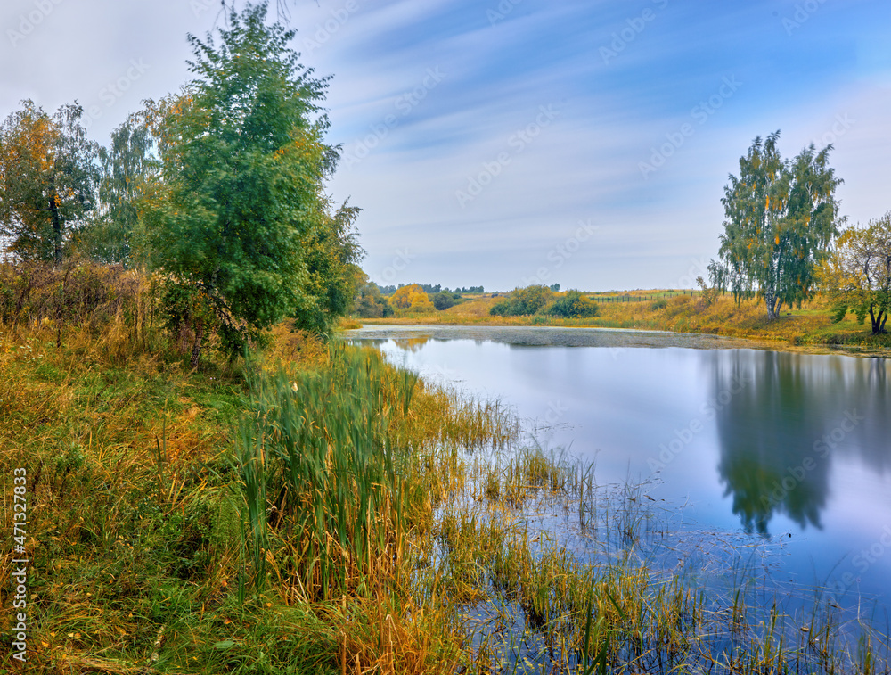 Fototapeta premium Bright multicolored autumn trees with golden foliage on the riverbank and reflected on a clear day. Russia, the Volga river.