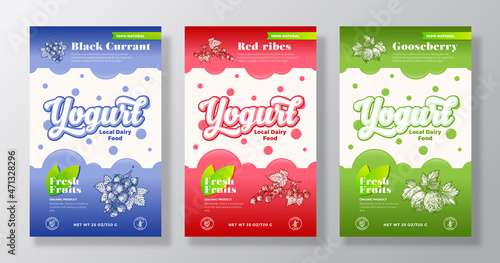 Fruits, Berries Yogurt Label Templates Set. Abstract Vector Dairy Packaging Design Layouts Collection. Modern Banner with Hand Drawn Black Currant, Red Ribes, Gooseberry Sketches Background. Isolated