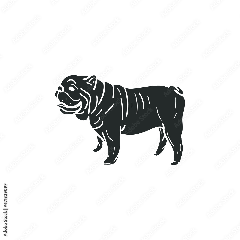 Bulldog Icon Silhouette Illustration. Dog Pet Vector Graphic Pictogram Symbol Clip Art. Doodle Sketch Black Sign.