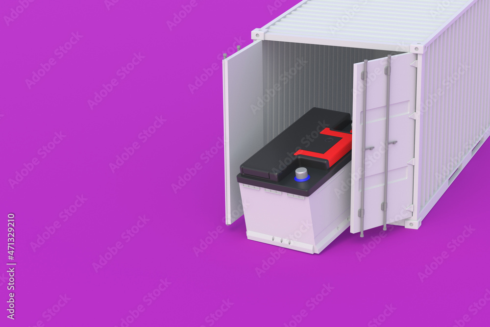 Car battery near metal container. Auto accumulator transportation. Delivery of cargo. Wholesale trade. International import, export. Purchase, sale of automotive parts. Copy space. 3d render