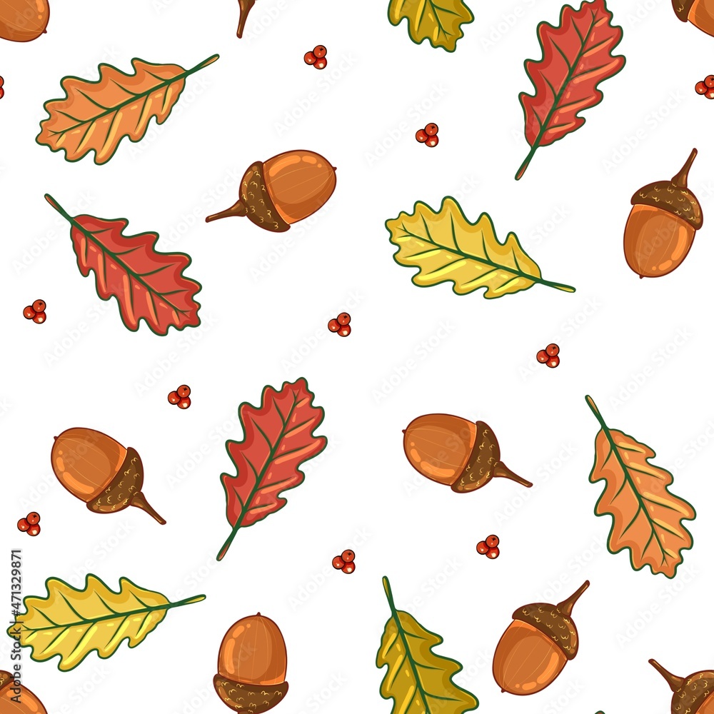 Acorn pattern with leaves and berries isolated on a white background