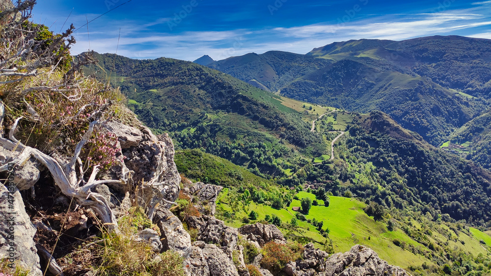 Landscape from Braniecha mountain meadow, Las MOrteras village, Somiedo Nature park, Asturias, Spain