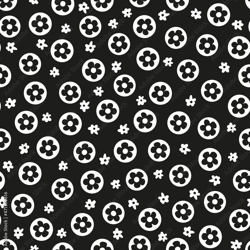 Retro flower power seamless repeat pattern. Random placed, ditsy daisy vector millefleurs in polka dots all over surface print. Retro flower power seamless repeat pattern. Random placed, ditsy daisy vector millefleurs in polka dots all over surface print.