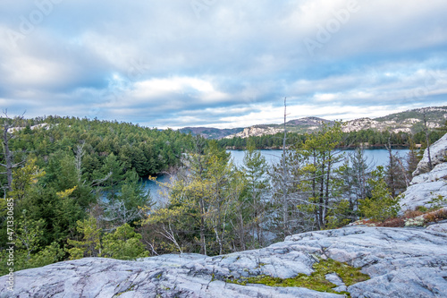 Looking out from the LaCloche backpacking trail in Killarney Provincial Park .  Shot in late November, Ontario Canada. photo