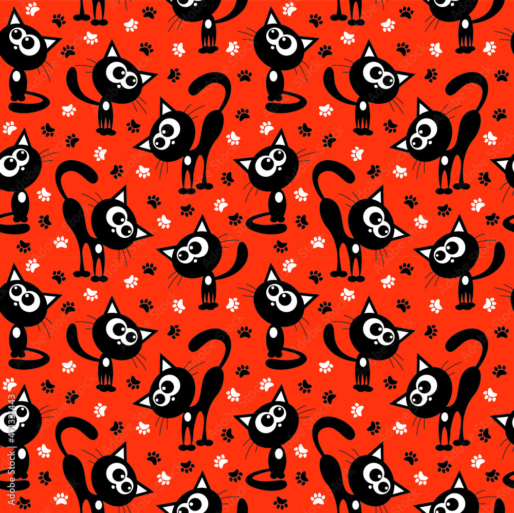 Cute black cat and paw prints cartoon on orange background seamless pattern. Vector illustration. Cute black cat and paw prints cartoon on orange background seamless pattern. Vector illustration.