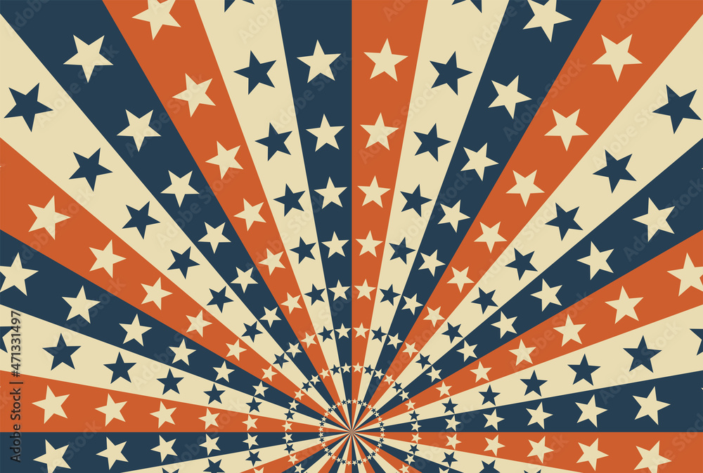 Vector vintage background with sunbeams and colored stars. USA. America. Patriotic background.