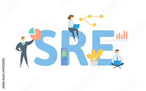 SRE, Site Reliability Engineering. Concept with keyword, people and icons. Flat vector illustration. Isolated on white.