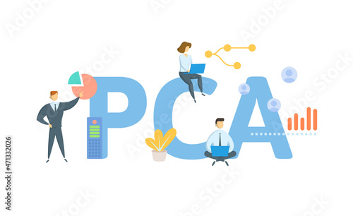 PCA, Principal Component Analysis. Concept with keyword, people and icons. Flat vector illustration. Isolated on white.