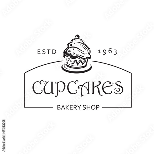 label with cupcake for bakery shop isolated on white background