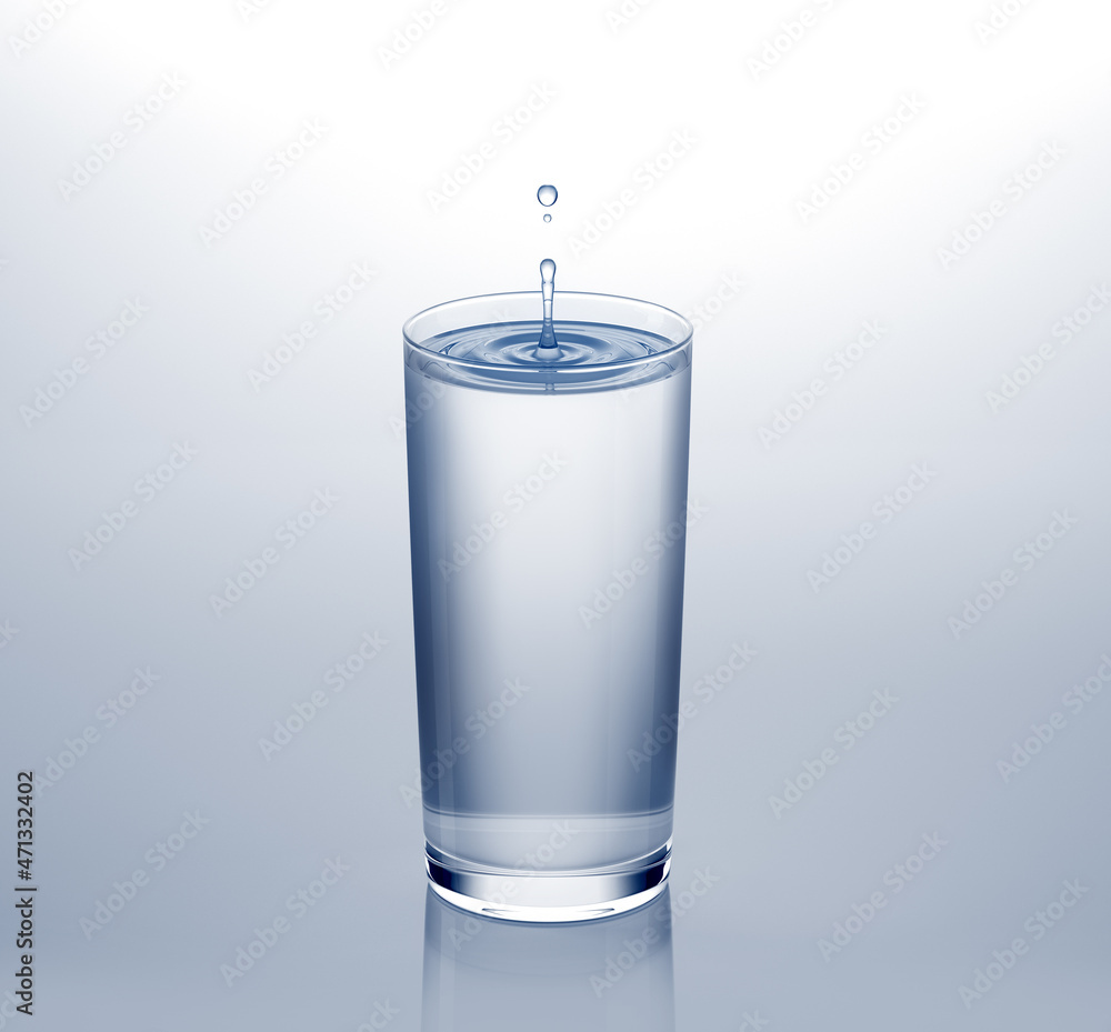 Water drop splash in a glass 3D render