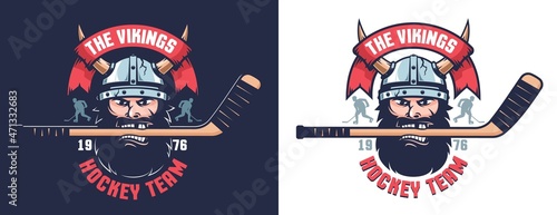 Viking hockey team emblem. Hockey logo with Viking head wearing helmet. Vector illustration.