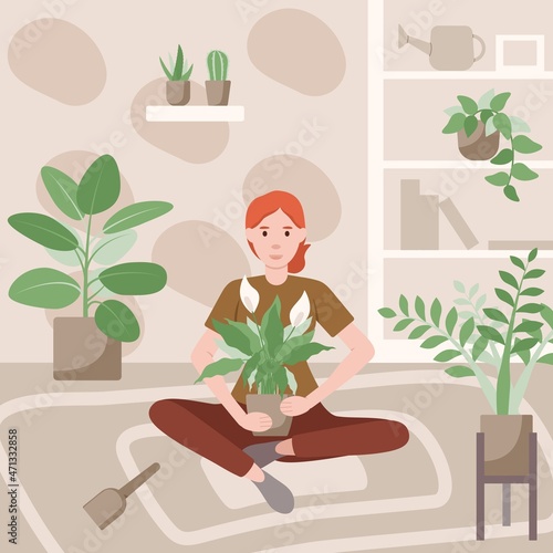 Gardening at home concept with woman takes care of indoor plants. Urban jungle, urban garden, home garden and cozy home. Vector flat illustration.