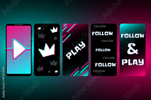 Design concept with smartphones in the style of social networks. Follow & Play - basic social network expressions. Mobile app template.
