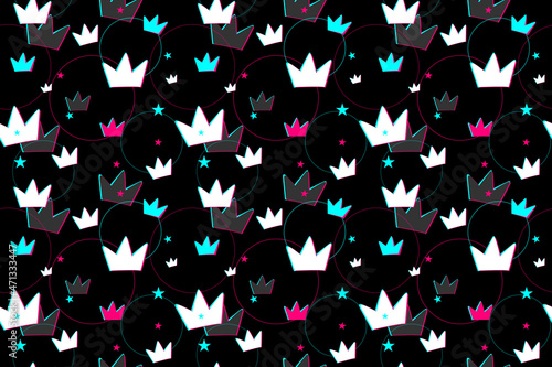 Seamless pattern. Colorful crown on a black background. Social media concept. Perfect design for posters, cards, textile, web pages. Vector illustration