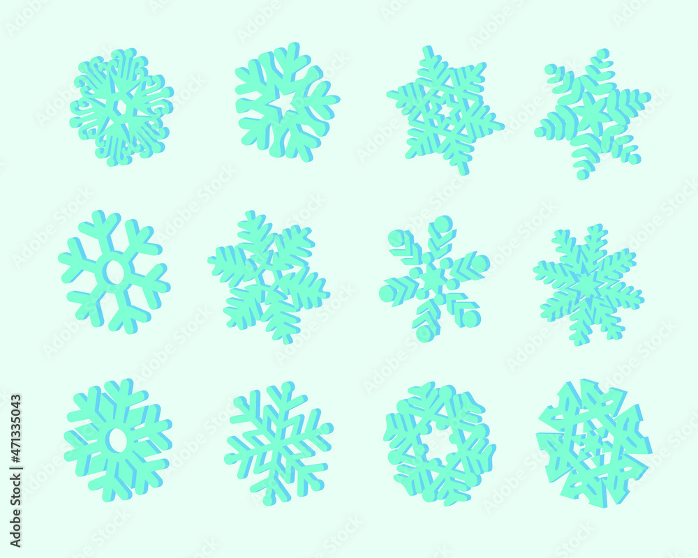 Vector illustration set in isometric style on the theme of Christmas, New Year, winter, snow, cold, holiday: snowflakes Vector illustration set in isometric style on the theme of Christmas, New Year, winter, snow, cold, holiday: snowflakes