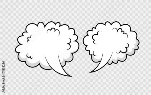 Comic speech bubbles. Pop art clouds with speed effect. Balloon text boxes. Explosion bomb frame. Funny message shape. Cartoon motion elements. Sky air object. Vector illustration.